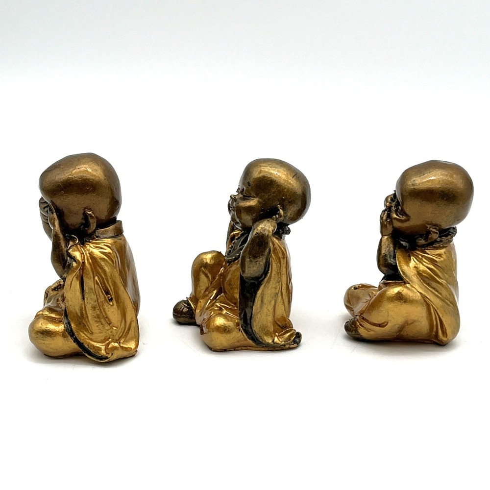 Set of 3 Baby Monk Figurines Hear See Speak No Evil Gold Resin Statues 3" - Picture 8 of 11
